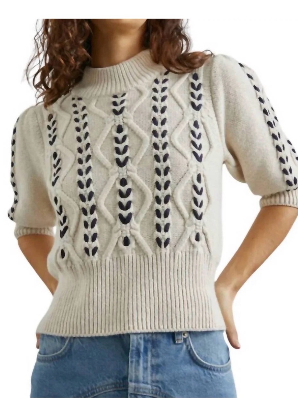 Rails Cream Cable-Knit Short Sleeve Sweater with Navy Embroidery